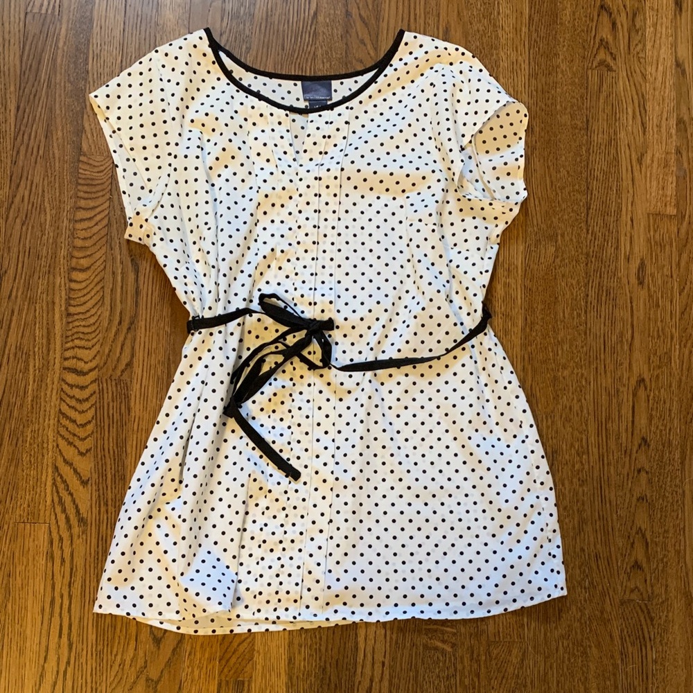 Maternity: White Polka Dot Blouse with Black Trim